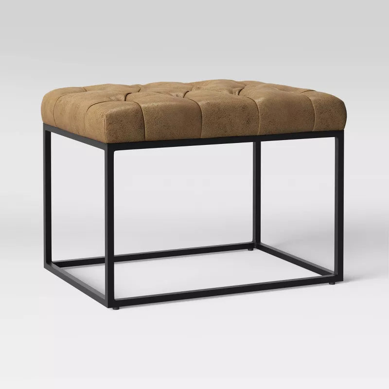 Trubeck Quilted Faux Leather Ottoman with Metal Base - Brown